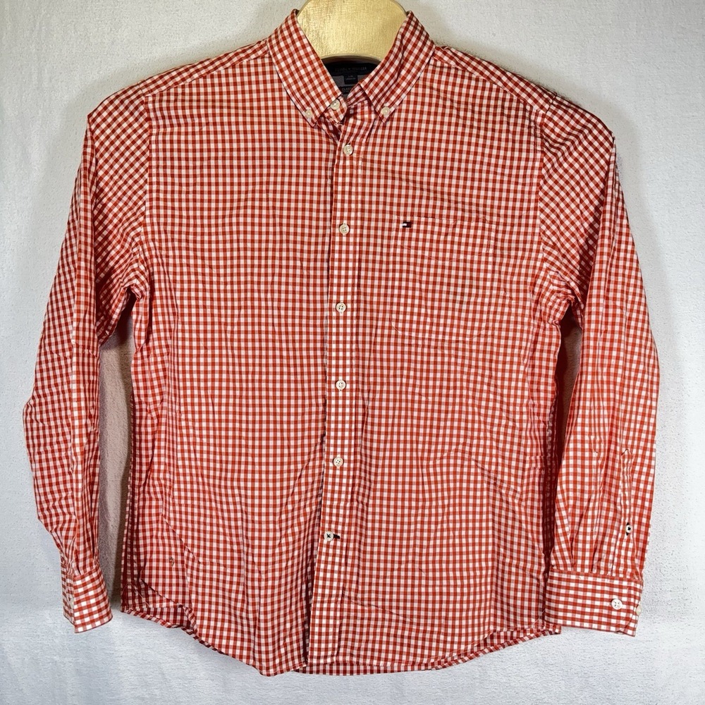 Tommy Hilfiger Mens Orange Gingham Button Down Shirt Classic Fit Large L/G 1282